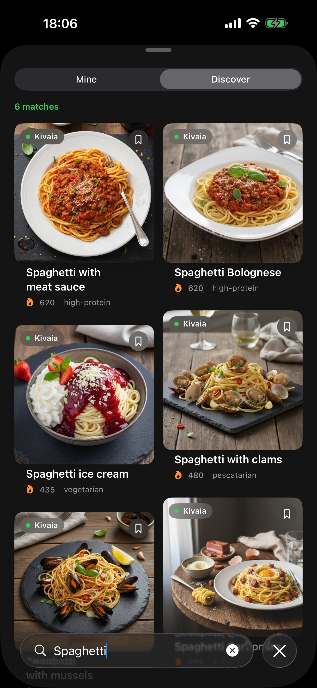 Database search &ldquo;Spaghetti&rdquo; with Bolognese and Vongole