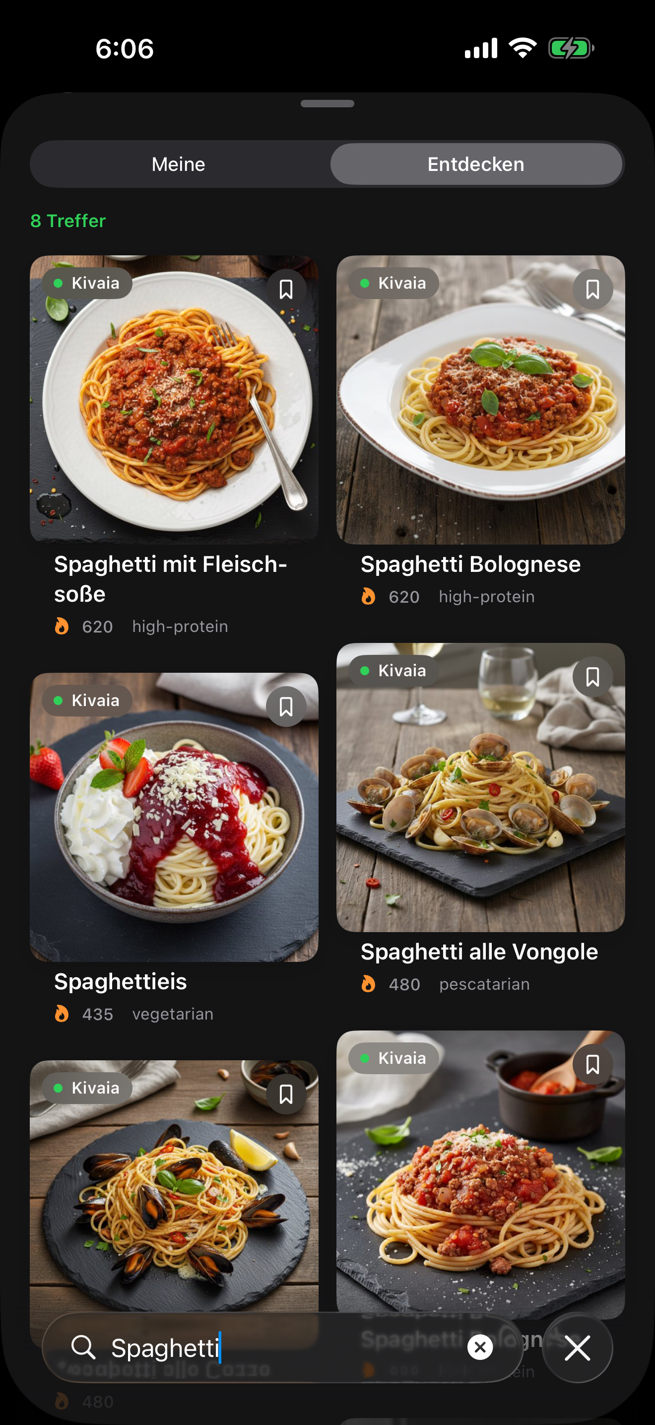 Datenbank-Suche &bdquo;Spaghetti&ldquo; mit Bolognese und Vongole