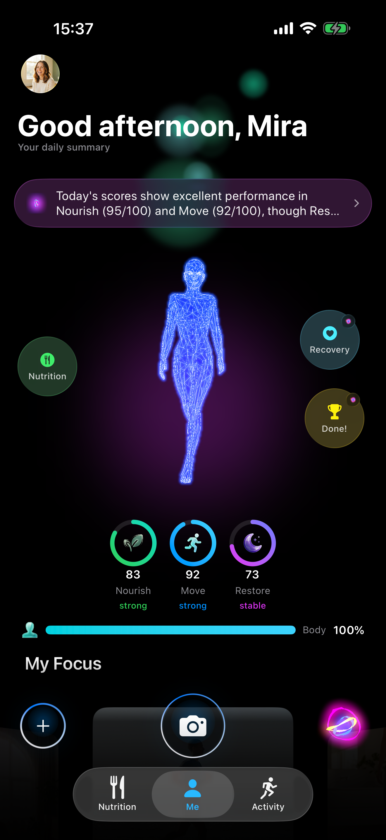 Kivaia app — Today tab with wireframe avatar and daily scores