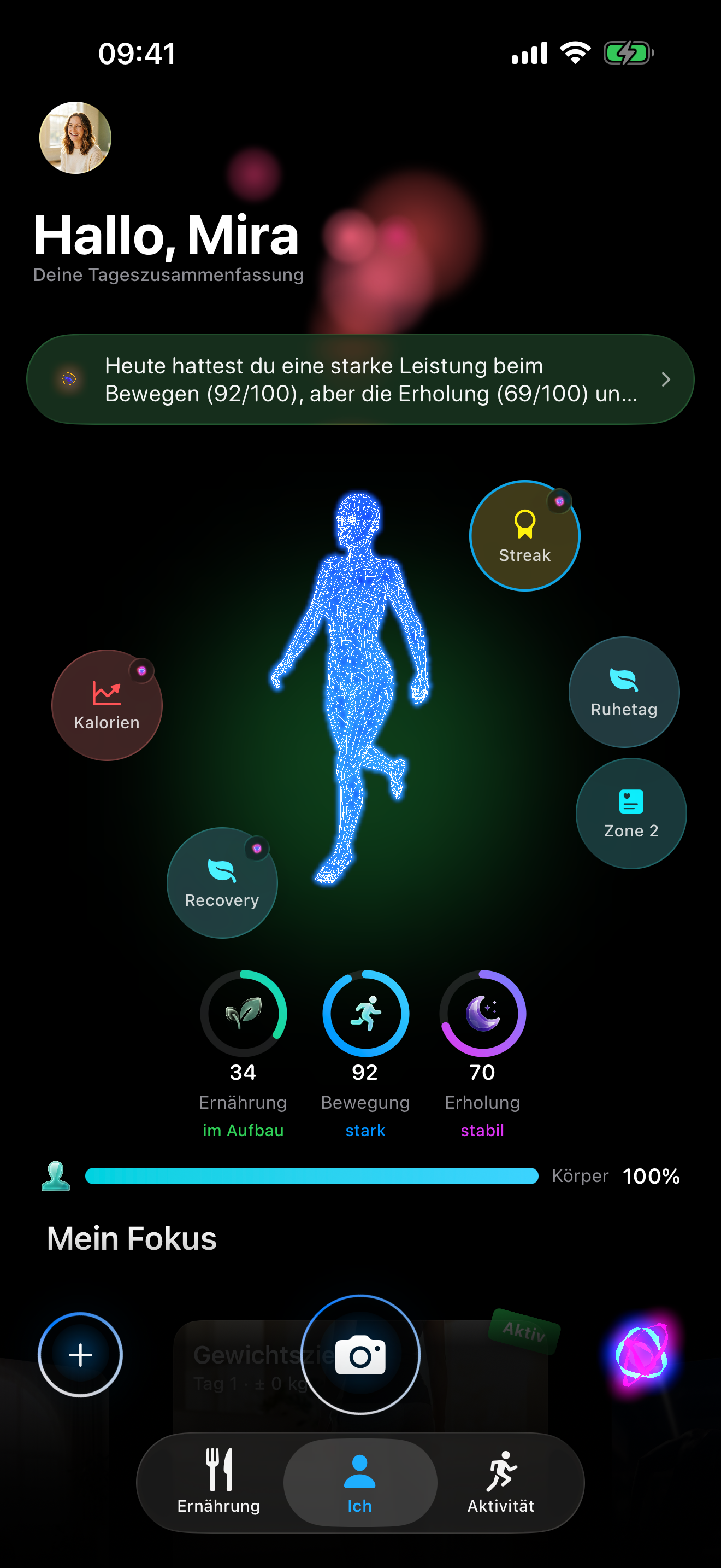 Kivaia App — Today-Tab mit Wireframe-Avatar und Tagesscores