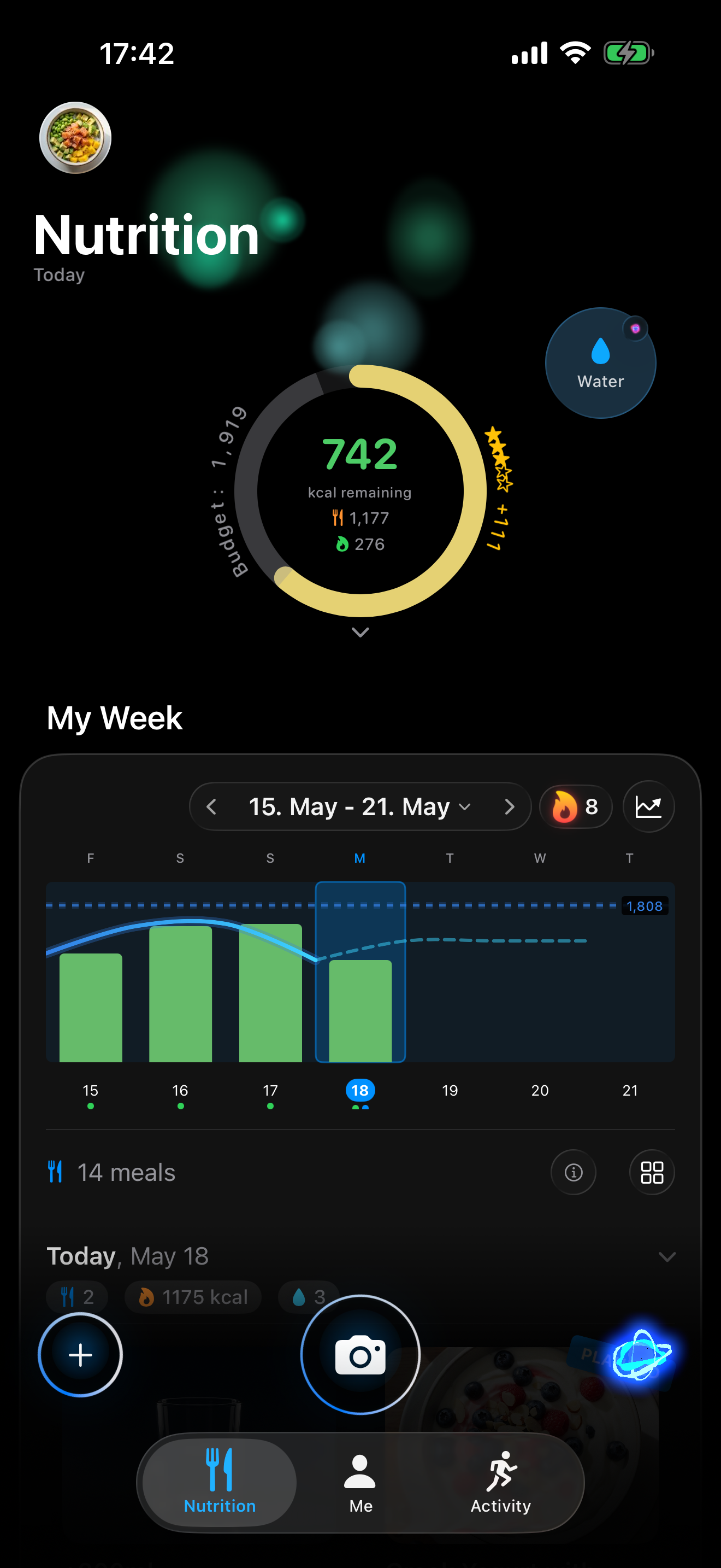 Kivaia — Nutrition tab with daily budget, weekly rhythm, and meals