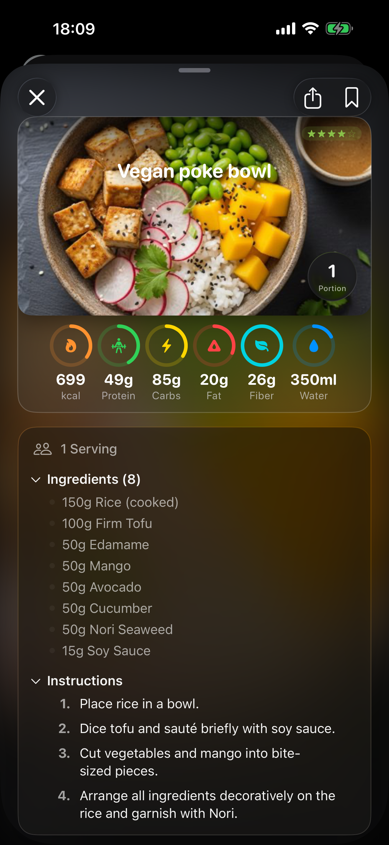 Kivaia — Recipe detail with macros, ingredients, and steps